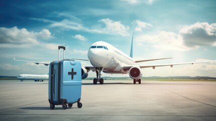 Airplane with luggage with a christian cross on the airport runway. Christian, travel and tourism concept.