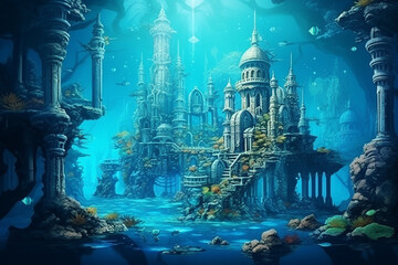 Fantasy underwater seascape with lost city, Fantasy sunken city under water - obrazy, fototapety, plakaty