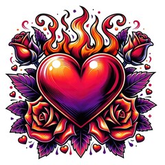 Fiery Heart & Roses: Passionate Tattoo Design Illustration