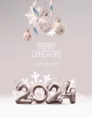 Fotobehang New year poster design 2024. Colorful lettering with balls and snowflakes. Bright greeting card. © theromb