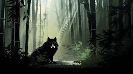 Mystical Wolf in Asian Bamboo Forest Nocturne