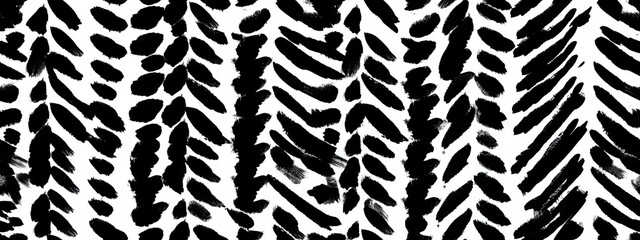 Seamless whimsical abstract striped herringbone pattern. Monochrome bold black paint strokes chevron motif texture, white background, trendy painterly scribble doodle line art