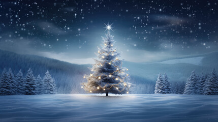 Beautiful decorated Christmas tree in a snowed cold winter landscape.
