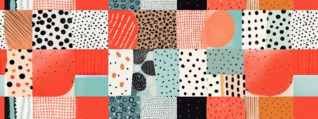 Seamless colorful whimsical wonky patchwork polkadot doodle pattern. Trendy black white deer, dalmatian, cheetah spots drawing repeating background. Simple cute abstract animal print.