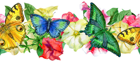 Seamless border of cute petunia flowers with butterflies. Watercolor illustration