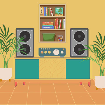 Hifi speakers and amplifier in the living room with home plants