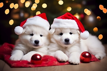 Fototapeta na wymiar White Samoyed dog puppies in red Santa hats lie on a blanket under the Christmas tree against the background of Christmas lights