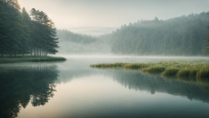 Fototapeta na wymiar A tranquil, misty morning on a calm lake surrounded by trees. Peaceful, reflective waters.