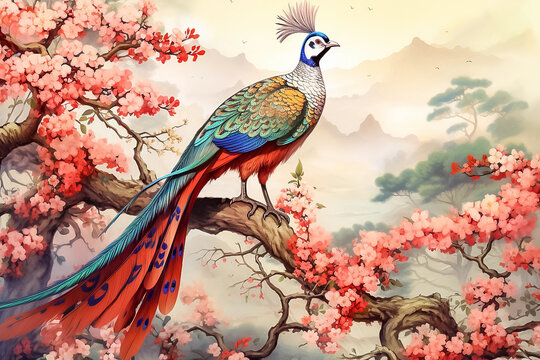 Peacock on the branch of a blossoming cherry tree. Watercolor painting
