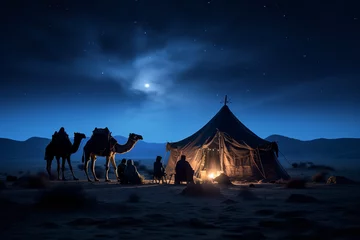 Foto op Plexiglas In the heart of a vast desert, a caravan pauses, its camels casting long shadows under the cosmic tapestry of glittering constellations. © Davivd