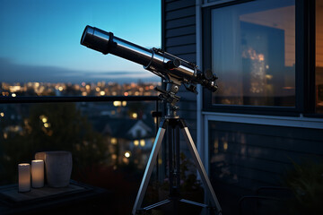Overlooking the city's silhouette, a telescope stands poised on a balcony, ready to unveil the cosmic wonders of the night sky to curious eyes.