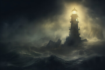 Standing sentinel against the obsidian seascape, an ancient lighthouse emits a beacon of hope, ensuring mariners navigate the night's challenges with assurance - Powered by Adobe