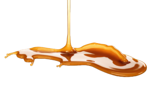 Melted caramel, delicious caramel sauce or maple syrup swirl isolated on white background.