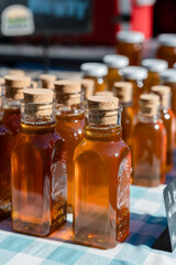 honey bottles with corks at a local farmers market