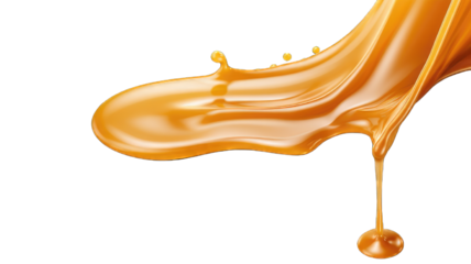 Melted caramel, delicious caramel sauce or maple syrup swirl isolated on white background.