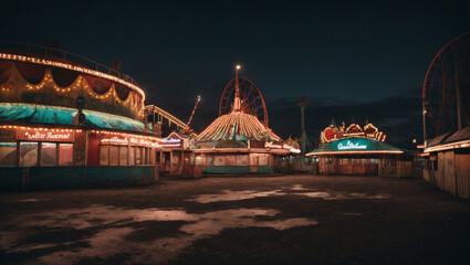 An abandoned, hauntingly beautiful amusement park at night, its rides coming to life. Eerie carnival after dark.