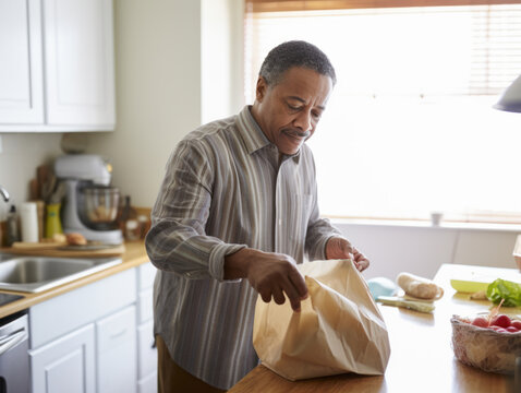A man opens shopping bags in the kitchen