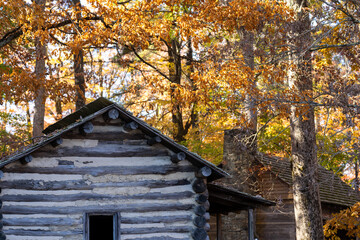 Fototapeta na wymiar An old rustic log cabin with a stone chimney and colorful fall leaves in the morning sunlight