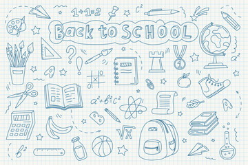 Hand drawn school supplies, stationery. Back to School banner, poster. Free drawing of school subjects on checkered sheet of notebook. Doodle. Sketch icon set. For wrapping paper, prints. Vector