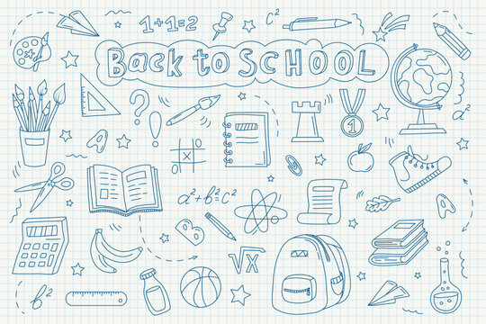 Hand drawn school supplies, stationery. Back to School banner, poster. Free drawing of school subjects on checkered sheet of notebook. Doodle. Sketch icon set. For wrapping paper, prints. Vector