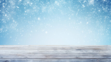 Serene winter backdrop of sparkling snowflakes falling against a blue sky, with a textured wooden platform in the foreground.