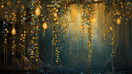 Hanging leaves and tendrils with Christmas lights in the forest. Christmas illustration - obrazy, fototapety, plakaty