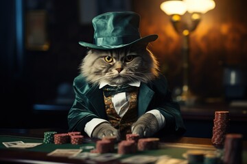 A gray cat in a suit and hat plays poker. Gambling concept. Generated by artificial intelligence - obrazy, fototapety, plakaty
