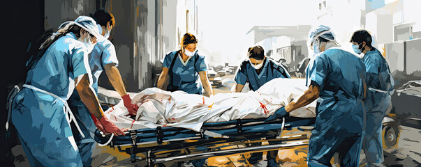 Emergency scene. Medical personal pushing or making surgery patient on gurney in a hospital clinic. illustrative style. - obrazy, fototapety, plakaty