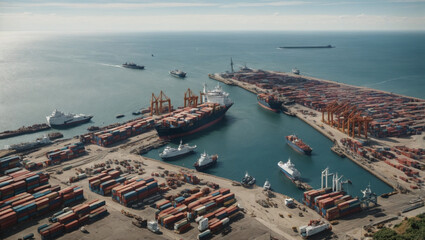 An aerial view of a bustling harbor with ships loading and unloading cargo. Maritime activity. - obrazy, fototapety, plakaty