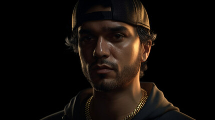 Portrait of fictitious handsome young Spanish gypsy male AI generative