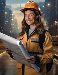 Woman engineer worker with blueprint on the construction site, Woman engineer in front of office building