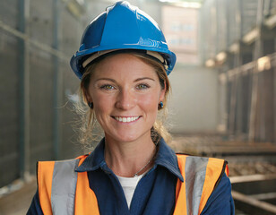 Woman engineer worker with blueprint on the construction site, Woman engineer in front of office building