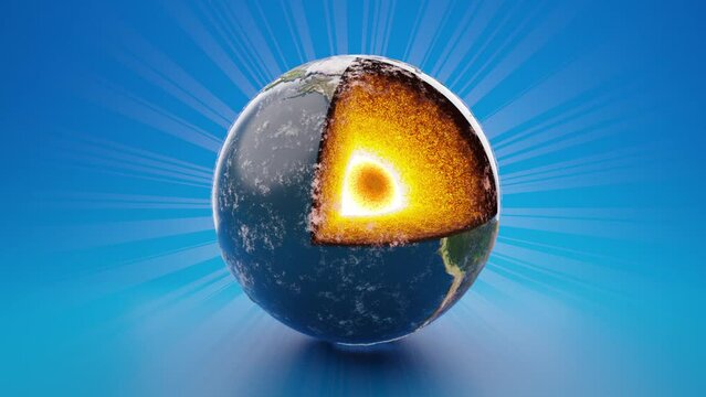3d render of an earth cutout iron nickel lava core spinning around with blue theme. Geology infographics animation