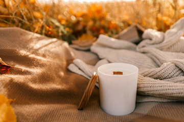 Candle and open book in nature, autumn concept