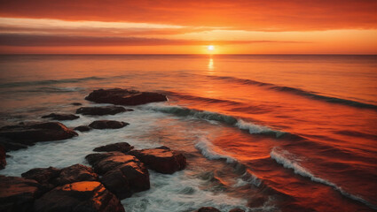 Bright orange and fiery red sunset over a calm, tranquil ocean. Serene and peaceful seascape.
