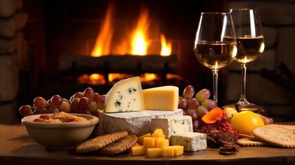 A cheese platter and wine presented in front of a fire.