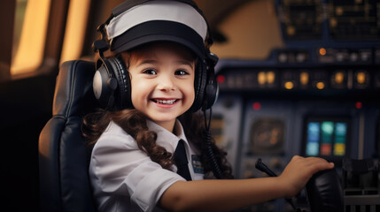 A little girl pretends to be an airplane pilot. The concept of children in adulthood.