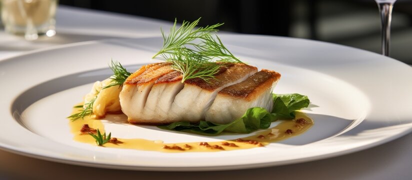 Savory zander fillet accompanied by greens and sauce.