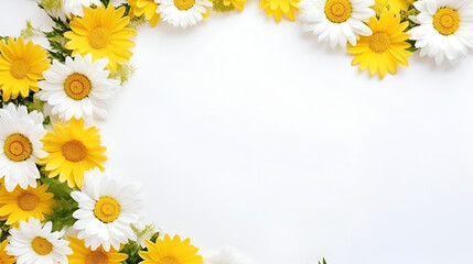 Fototapeta premium Chamomile garden flowers on the white background. Top view flat lay with copy space. Valentine's day, mother's day, women's day concept. Flat lay, top view, copy space