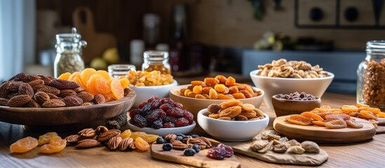 Fototapeta premium Assorted dried fruits and nuts arranged on a kitchen table, providing copy space.