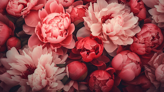 Natural Peony flowers background. Floral fashion wall with flowers