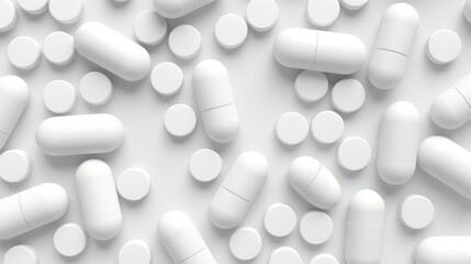 Background pattern of white pills and medicine caps on white background