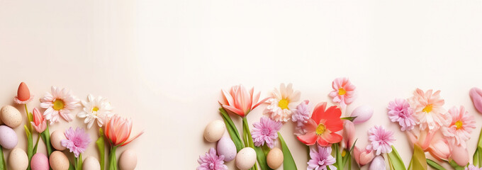 Naklejka premium Happy Easter! Colorful Easter eggs with blossoms and spring flowers. flat lay on light background. Stylish tender spring template with space for text. Greeting card or banner Copy space 