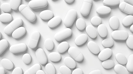 Background pattern of white pills and medicine caps on white background