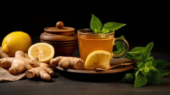 Cup of ginger tea with lemon honey and mint on the table composition
