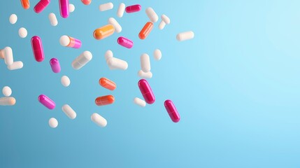 Different medical pills, tabs and capsules falling on solid color background - obrazy, fototapety, plakaty