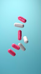 Different medical pills, tabs and capsules falling on solid color background
