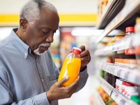 A man is shopping for organic orange juice in a supermarket