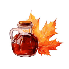 maple syrup in glass jar and autumn leaves watercolor for food decor on white background