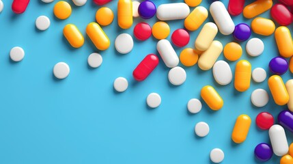 Pattern of pills and medicine capsules on vivid color background